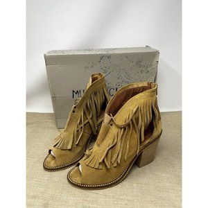 Musse & Cloud Galia Womens Camel Suede Fringe Peep Toe Ankle Bootie US 8 EU 39